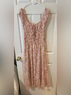 Smocked Floral Maxi Dress in Cream and Pink
